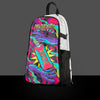 Neon cosmic punch space design skin on a white anti-theft hydration pack, featuring a surreal psychedelic aesthetic on a gray background