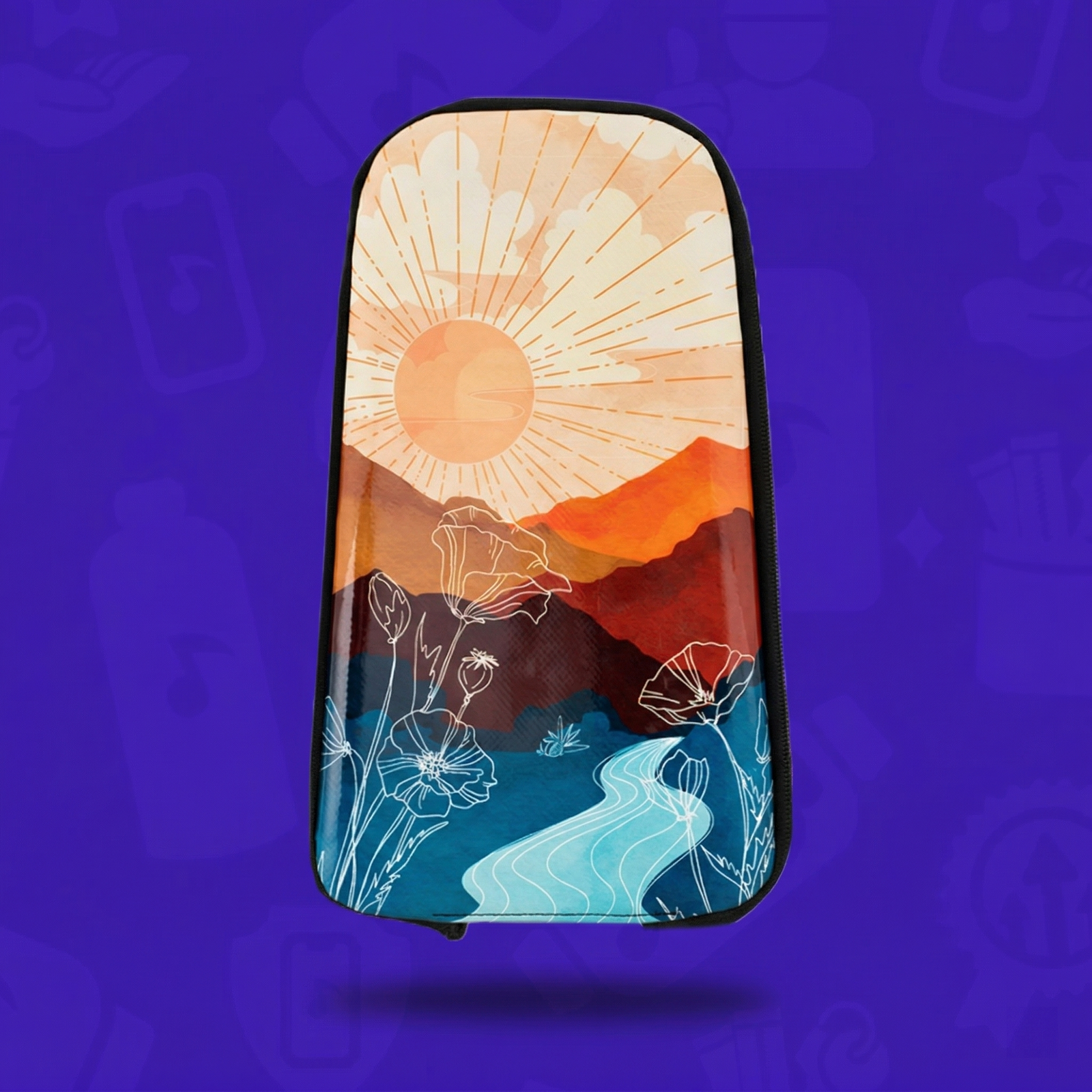 The Desert Rose Skin for a Lunchbox hydration pack, featuring a stylized desert landscape with a rising sun, orange mountains, a winding blue river, and white floral outlines, floating with a drop shadow against a vibrant purple background.