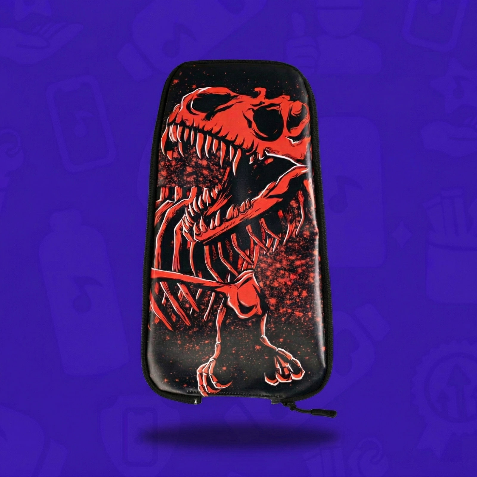 A hydration pack skin featuring a red and white graphic of a T-Rex skeleton against a starry space background, centered on a vibrant purple backdrop with a subtle drop shadow.