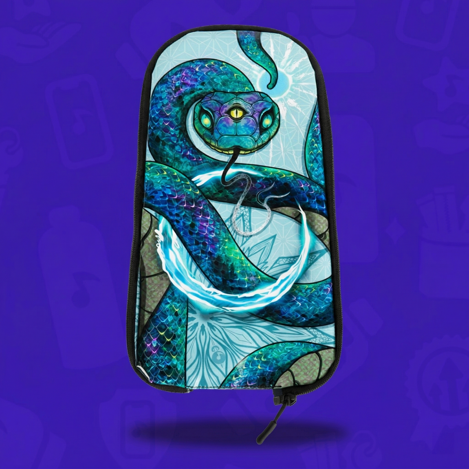 The Eternal Serpent Skin for a Lunchbox hydration pack, featuring a cosmic blue and green iridescent snake with glowing yellow eyes and a flickering tongue, floating with a drop shadow against a vibrant purple background.