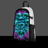 The Hexxed Skin zipped onto a white Lunchbox hydration pack, featuring a vertical stack of skulls with glowing neon green eyes and purple energy accents against a gray background.
