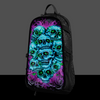 The Hexxed Skin zipped onto a black Lunchbox hydration pack, featuring a vertical stack of skulls with glowing neon green eyes and purple energy accents against a gray background.