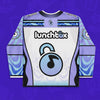 Limited edition white and lavender Lunchbox hockey jersey for festival apparel featuring embroidered Lunchbox logo and musical padlock icon on back.