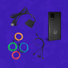Lunchbox hydration pack accessories including four coils of EL wire in orange, green, pink, and blue, a 3-way lightshow splitter, a USB adapter cable, and a black high-capacity power bank with a digital display, all arranged on a purple background.