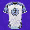Front view of limited edition white and purple Lunchbox festival baseball jersey featuring button-down front and musical padlock icon logo.