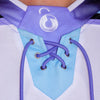 Close-up detail of purple lace-up collar and embroidered circular lock logo on limited edition Lunchbox festival hockey jersey.