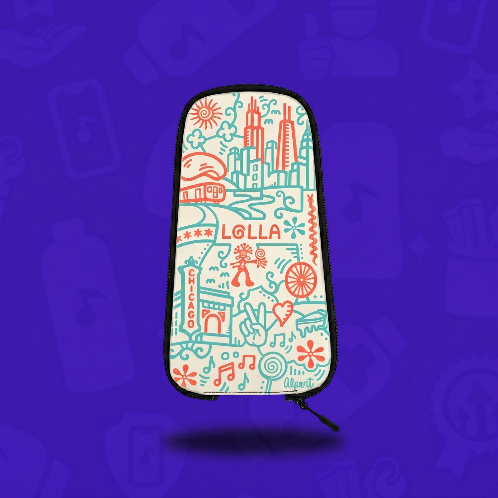 Lunchbox Lollapalooza 2026 skin pouch with colorful Chicago cityscape line art design on a purple background.