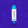 A high-resolution product shot of a white and blue HydraPak inline water filter for hydration packs shown vertically against a purple background with ghosted icons of water bottles and lightbulbs