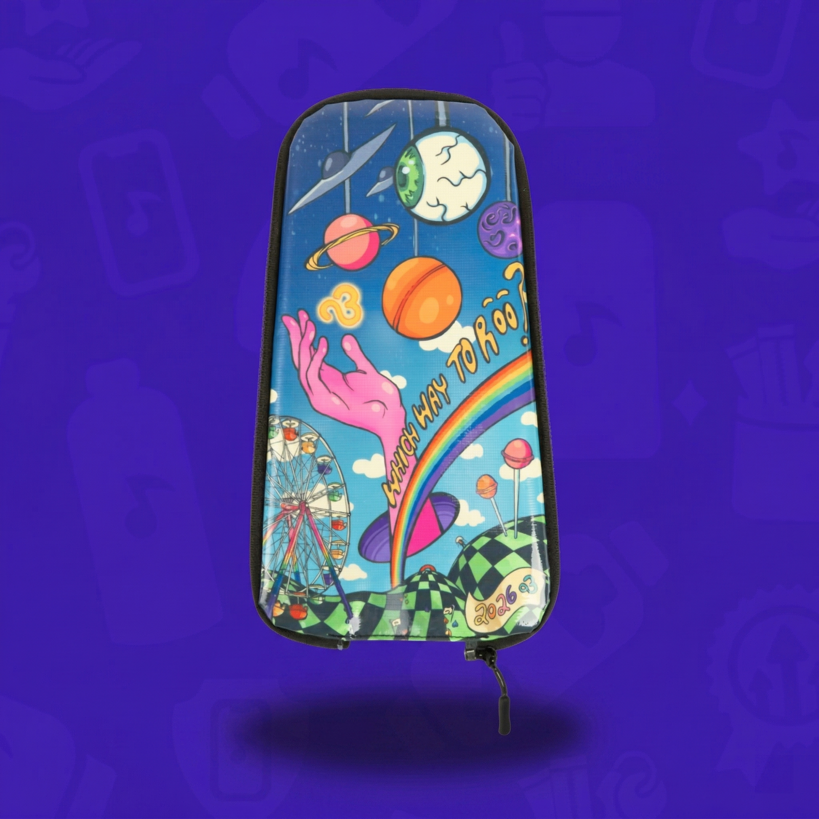 Which Way To Roo Skin for Lunchbox Packs featuring a surreal Bonnaroo 2026 cosmic design with planets, a Ferris wheel, a floating hand, and vibrant psychedelic art on a purple background.